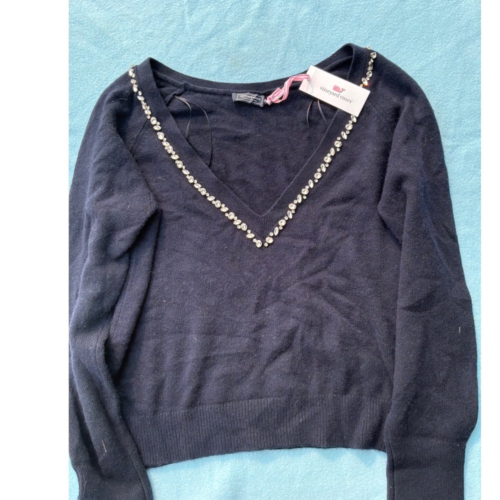 Preppy Womens Vineyard Vines Rhinestone Embellished V-Neck‎ Sweater XL Navy